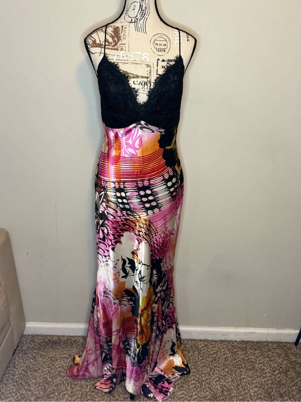 Mary L Couture Satin Maxi Dress with Black Lace Bodice and Pink Yellow Print